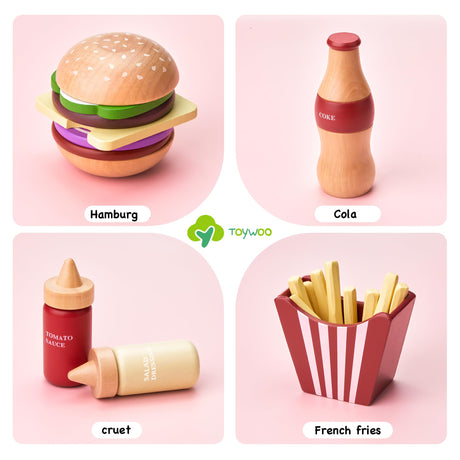 Wooden Play Food for Kids Pretend Hamburger Set Fast Food Toy Play Kitchen Accessories for Toddlers Toy Food Gift for Boys Girls Educational Toys Toywoo