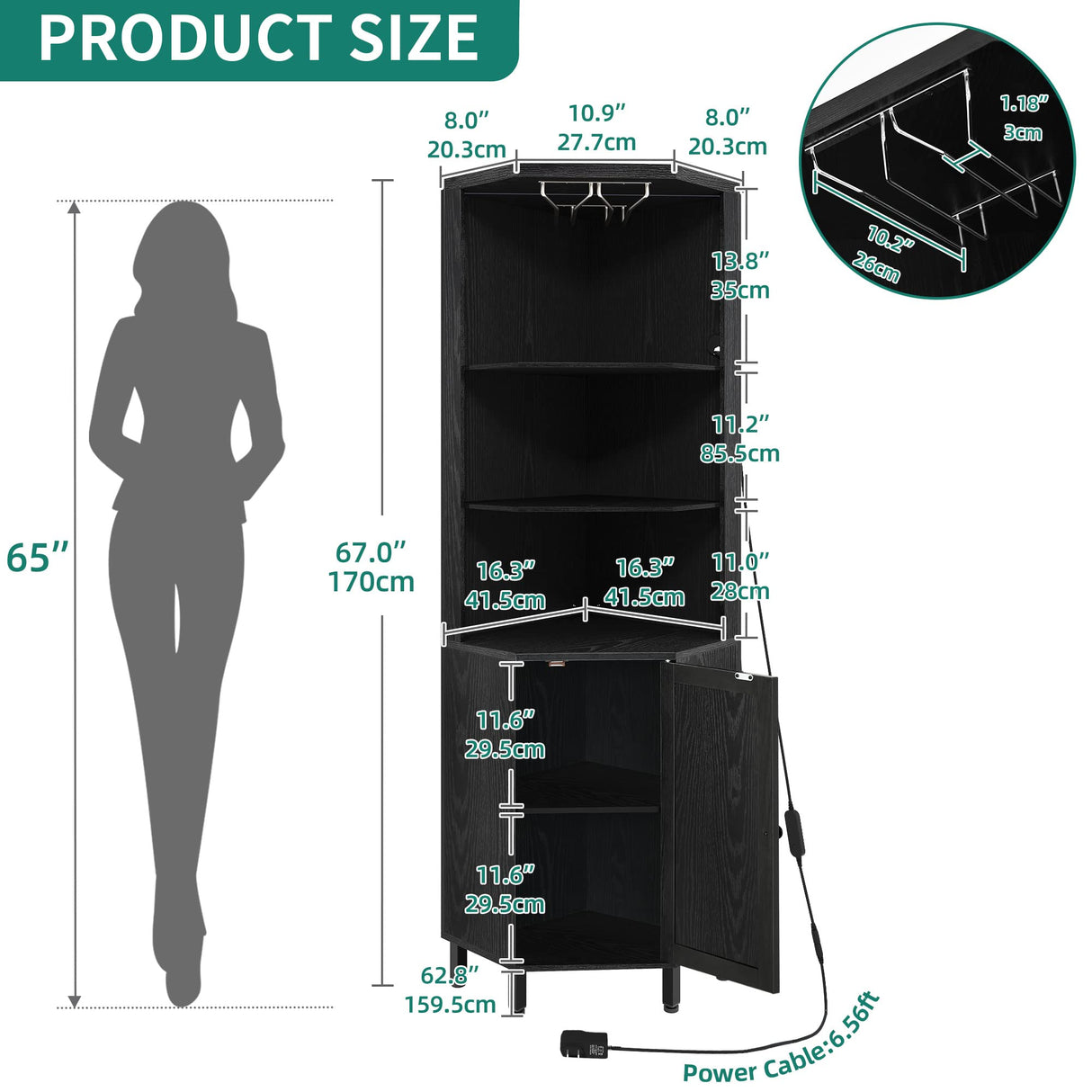 YITAHOME Black Corner Bar Cabinet with LED Lighting, Glass Holder & 5-Tier Storage Shelves YITAHOME