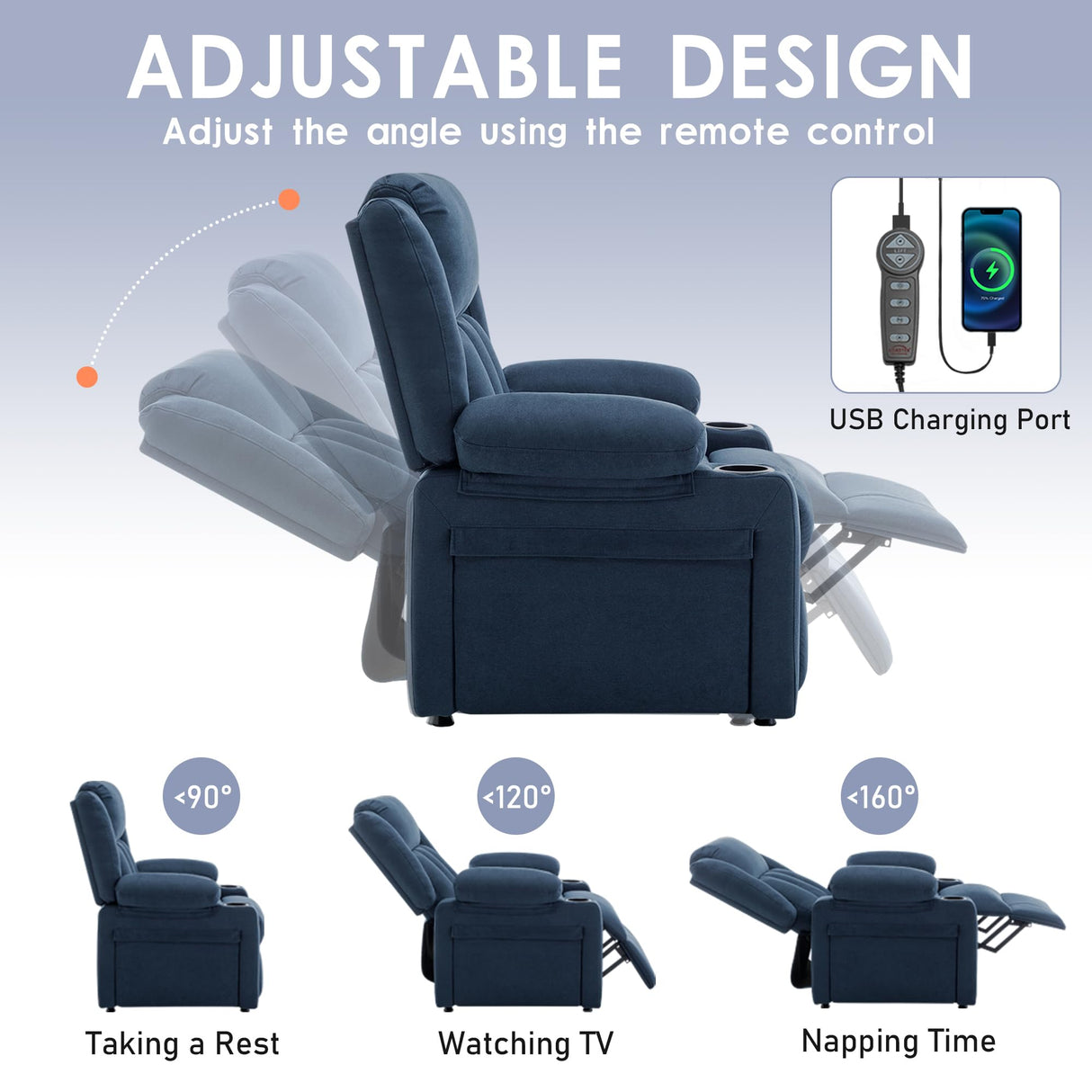 Andeworld Power Recliner Chair,Reclining Sofa Chair with Heat and Massage for Adults, Upholstered Heating Point Theater Seating Single Sofa with Side Pockets Sidetable for Living Room, Blue Andeworld