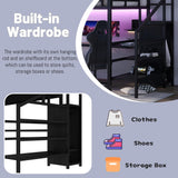 MoproBeti Queen Loft Bed with Stairs and Desk,Metal High Loft Bed with Wardrobe and Adjustable Shelf, Gaming Bed with LED and USB, Heavy Duty Frame,No Noise, Black MoproBeti