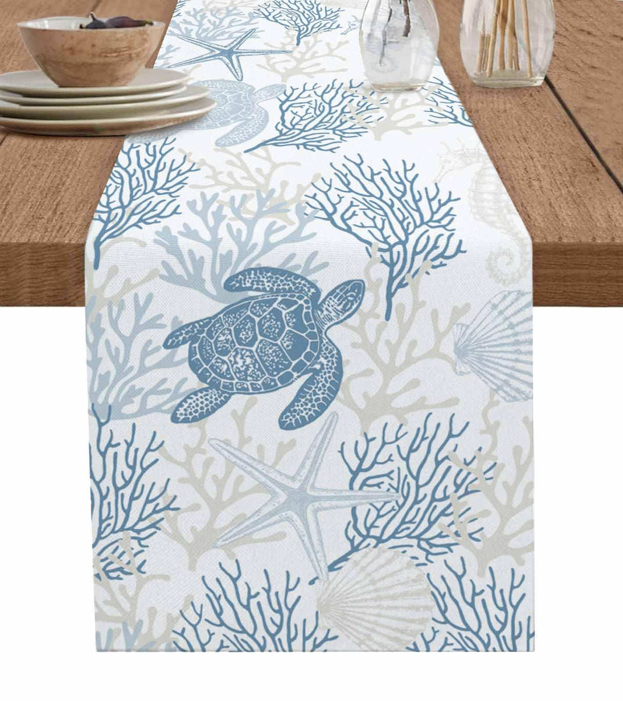 Blue Grey Coastal Table Runner 70 Inches Long, Summer Beach Nautical Farmhouse Dress Scarves, Sea Turtle Ocean Coral Dining Tablerunner for Coffee Table/Kitchen Island/Party Décor, 13" x 70" Seven Roses