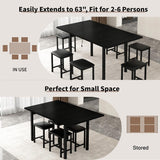 VECELO 7-Piece Dining Table Set with 6 Square Stools, 63" Expandable Kitchen Table with USB Charging & Metal Frame for 2/4/6, Wood Dinette Perfect for Small Spaces, Easy Assembly, Black VECELO