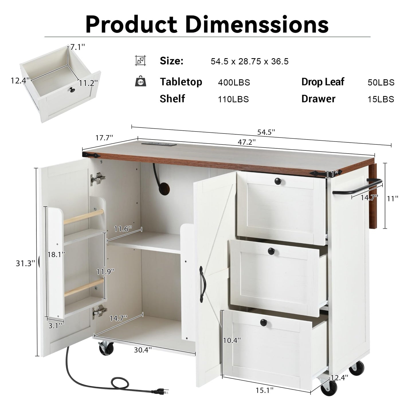 LUMISOL Farmhouse Kitchen Island Cart with Power Outlet, 54.5" Kitchen Island with Drop Leaf, Rolling Kitchen Cart on Wheels with Spice Rack, 3 Drawers and Towel Rack, White