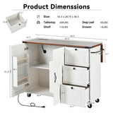 LUMISOL Farmhouse Kitchen Island Cart with Power Outlet, 54.5" Kitchen Island with Drop Leaf, Rolling Kitchen Cart on Wheels with Spice Rack, 3 Drawers and Towel Rack, White LUMISOL