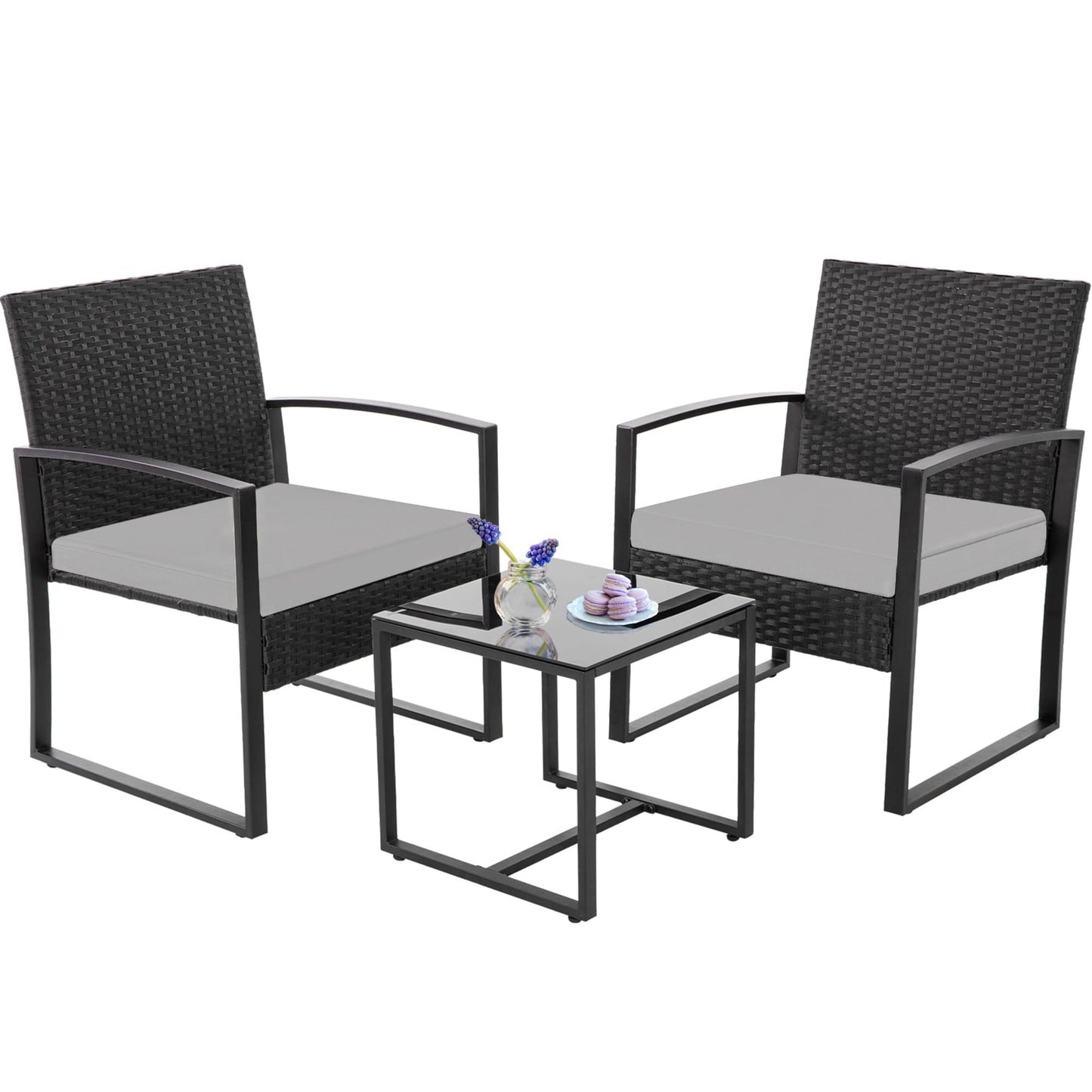 3 Piece Outdoor Patio Bistro Set, Wicker Table and Chairs Set of 2, All-Weather Rattan Balcony Furniture Set for Front Porch Apartment, Black/Grey