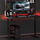 GTRACING Gaming Desk 55 Inch with LED Lights, Large Computer Desk with Mouse Pad for Home Office, T-Shaped Carbon Fibre Surface PC Game Workstations with Headphone Hook, Black GTRACING