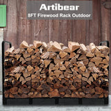 Artibear 8ft Outdoor Firewood Rack, Upgraded Heavy Duty Logs Stand Stacker Holder for Fireplace - Metal Lumber Storage Carrier Organizer, Bright Black Artibear
