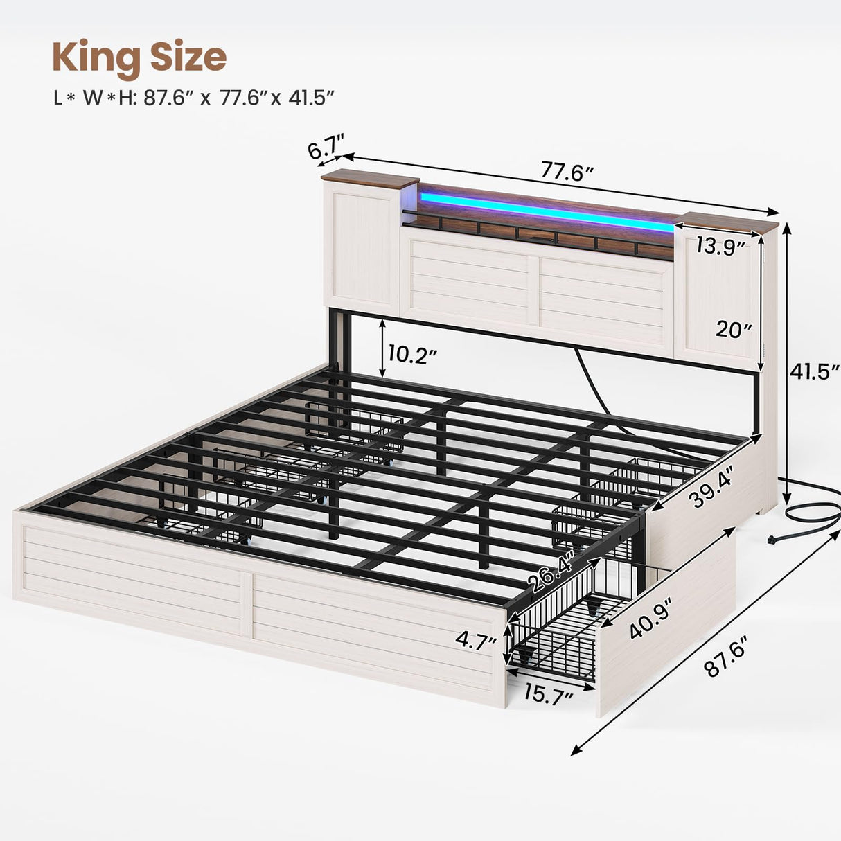 VIAGDO Farmhouse King Bed Frame with Headboard and Double Barn Door Storage Cabinets, Rustic Wooden Bed Frame King Size with Charging Station, 4 Drawers and LED Lights, No Box Spring Needed, White VIAGDO