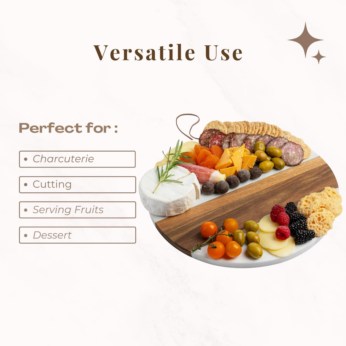 Marble And Wood Cutting Boards For Kitchen - Engagement Gifts For Couples, Personalized Wood And Marble Charcuterie Board, Personalized Round Cutting Board - Marble Cheese Board Glam Celebration