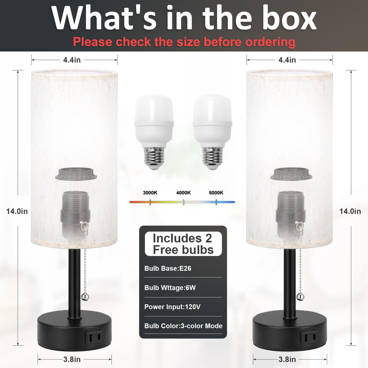 Fenmzee Bedside Table Lamps Set of 2-3 Color Temperatures Pull Chain Lamp with AC Outlet Charging Port, Small Round Night Stand Lamps for Bedroom Guest Room Office, Bed Side Light with E26 LED Bulbs Fenmzee