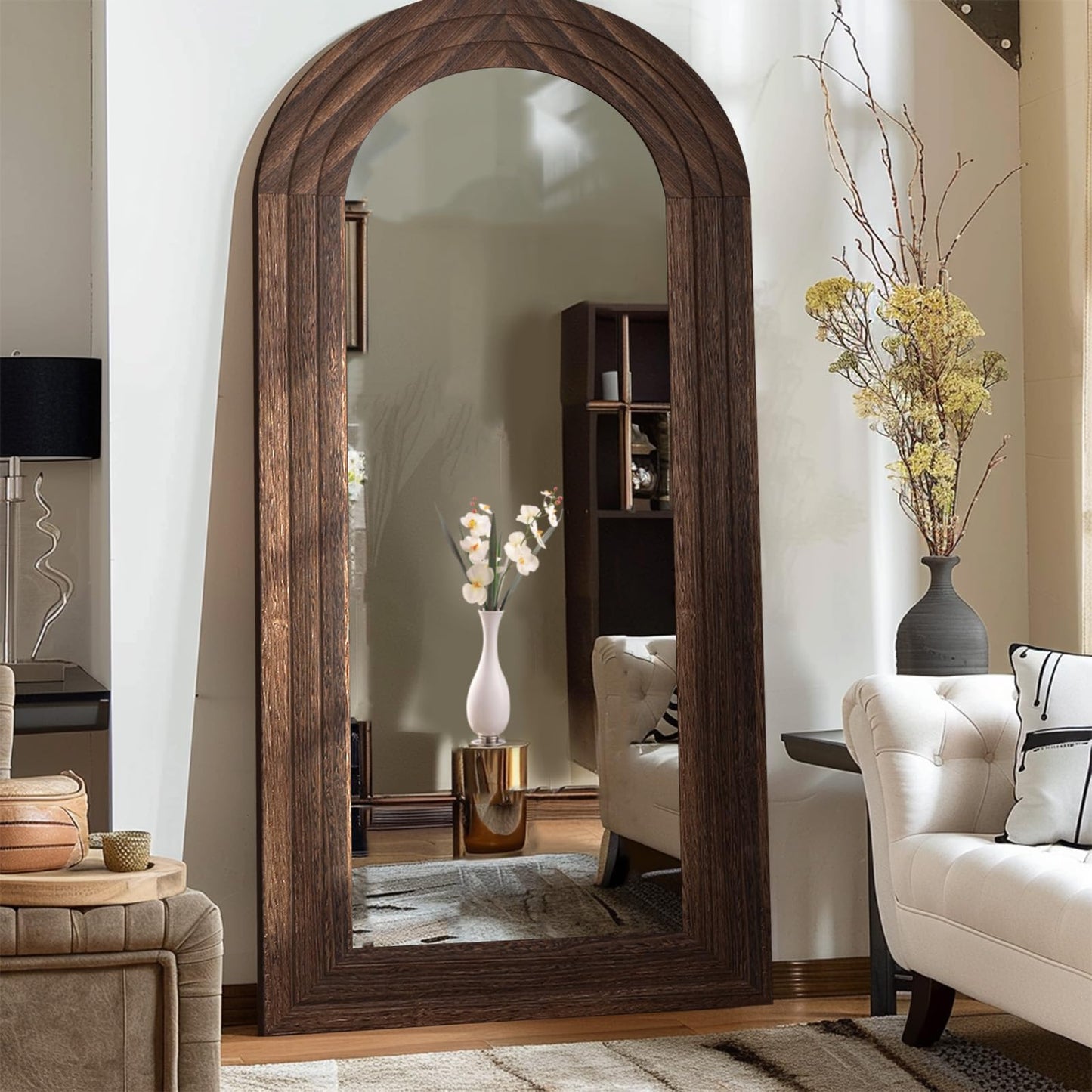 ZHUNFA Arched Full Length Mirror with Solid Wood Frame, 71x32 Farmhouse Wall Mounted Floor Mirror with Stand, Vertical Hanging, Leaning Standing for Bedroom, Living Room, Brown - WoodArtSupply