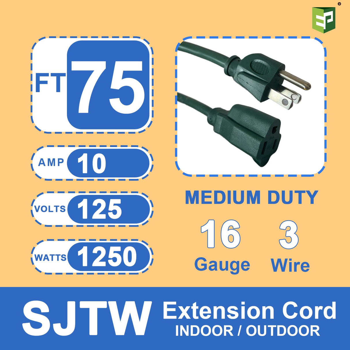EP 75 Ft Outdoor Extension Cord - 16/3 SJTW Green Electrical Cable with 3 Prong Grounded Plug EP