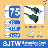 EP 75 Ft Outdoor Extension Cord - 16/3 SJTW Green Electrical Cable with 3 Prong Grounded Plug EP