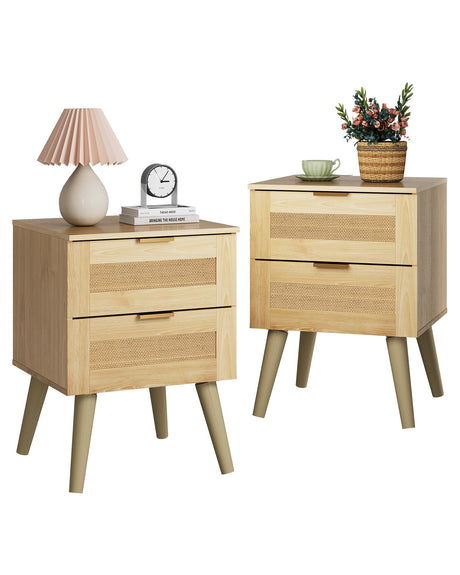 WLIVE Wood Nightstand Set of 2, Night Stand Sets with 2 Rattan Decor Drawers, End Tables with Solid Legs, Bed Side Table for Bedroom, Living Room, Natural Oak WLIVE
