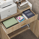 FAMAPY Reception Desk with Drawer & Cabinet, Reception Counter Desk with Keyboard Tray, Front Reception Table Retail Counter for Checkout, for Office Store, Oak and White, 25.2”D x 87.2”W x 47.2”H FAMAPY