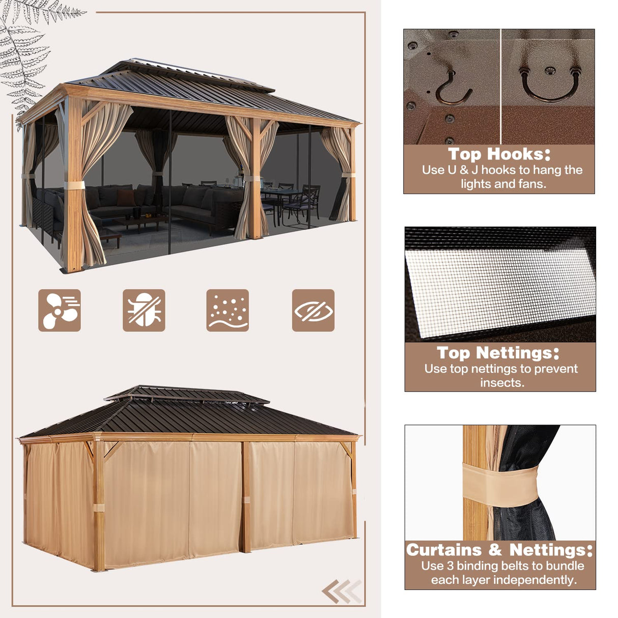 EROMMY 12'x20' Hardtop Gazebo, Wooden Finish Coated Aluminum Frame Gazebo with Galvanized Steel Roof, Outdoor Metal Gazebos with Curtains and Nettings for Patio, Backyard, Deck and Lawns EROMMY