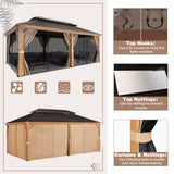 EROMMY 12'x20' Hardtop Gazebo, Wooden Finish Coated Aluminum Frame Gazebo with Galvanized Steel Roof, Outdoor Metal Gazebos with Curtains and Nettings for Patio, Backyard, Deck and Lawns EROMMY