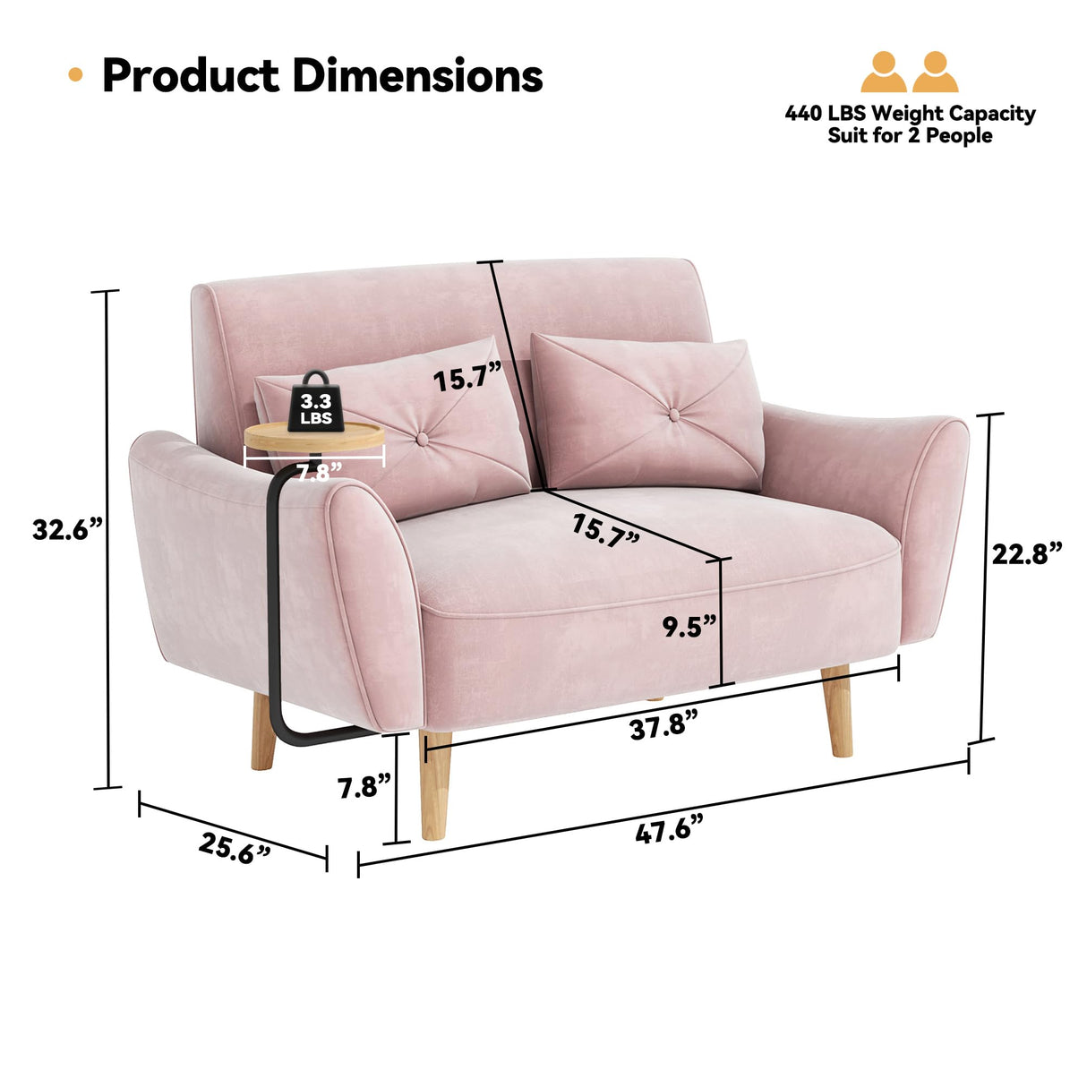 Brelice Loveseat Sofa, 47" Velvet Couch for Bedroom, Convertible Wooden Tray & Ergonomic Armrest, for Small Space, Apartment, Living Room, Home Office, Easy Assembly, Pink Brelice
