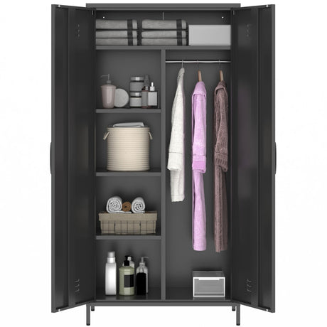 MIOCASA Metal Armoire, Wardrobe Closet Cabinet with Hanging Rod and 4 Shelf Steel Storage Locker Clothes Organizer for Bedroom, Changing Room, Laundry Room, Office (Black) MIOCASA