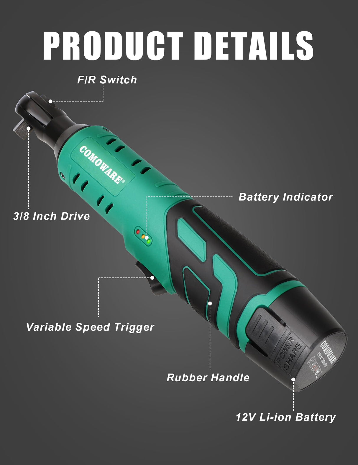 COMOWARE 3/8 Cordless Electric Ratchet Wrench Kit, 40ft-lbs Torque, 12V Power, 8 Sockets, LED Light, Fast Charger, Ergonomic Design COMOWARE