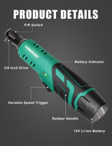 COMOWARE 3/8 Cordless Electric Ratchet Wrench Kit, 40ft-lbs Torque, 12V Power, 8 Sockets, LED Light, Fast Charger, Ergonomic Design COMOWARE