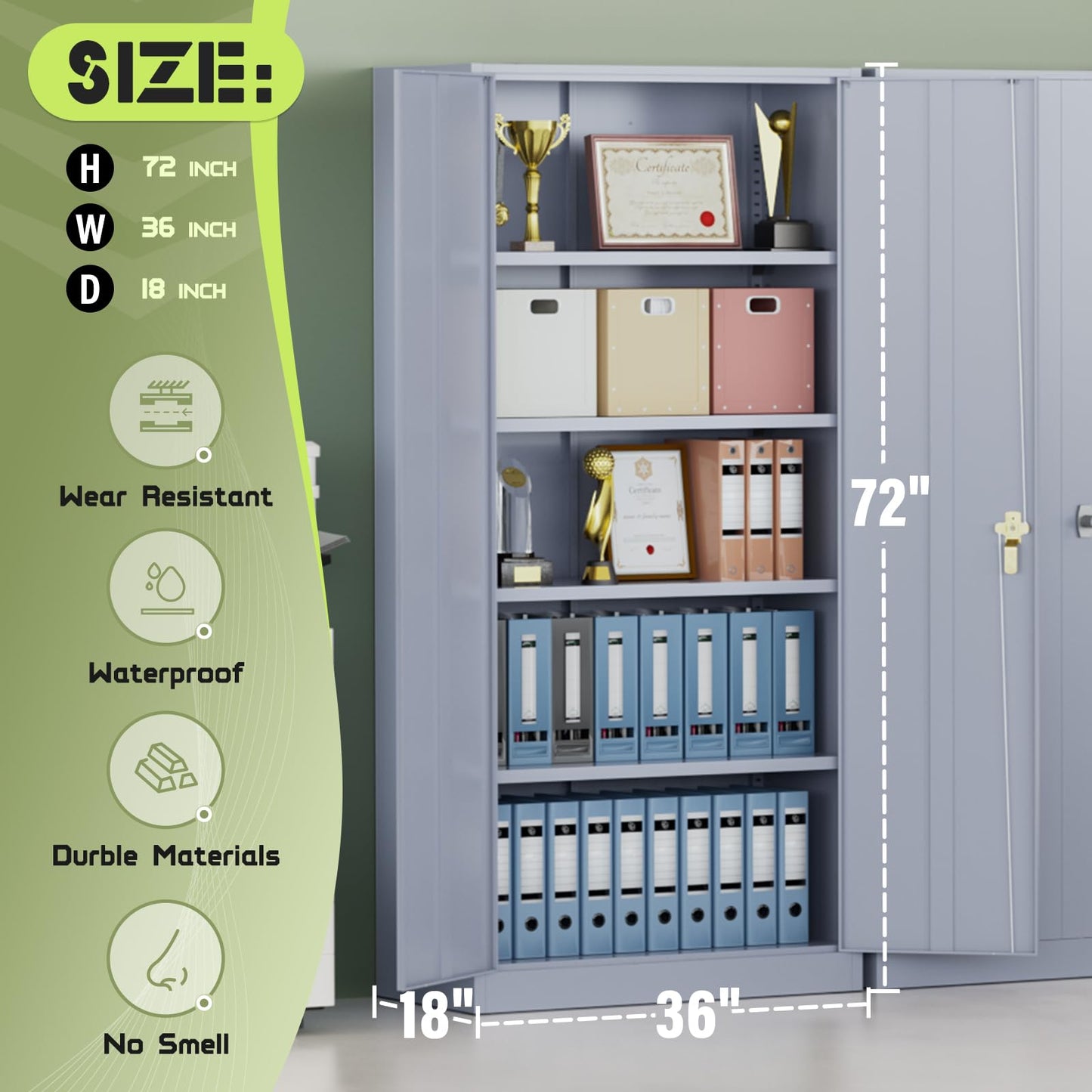 Oakmont Metal Storage Cabinet for Tool Organization, 72" Lockable Garage Storage Cabinets with 2 Doors and 4 Adjustable Shelves, Locking File Cabinet for Office, Home, School 72“ Wide-Grey