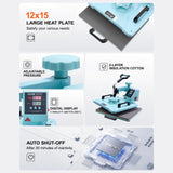 VEVOR 8 in 1 Heat Press with 30 OZ Tumbler Press, Hat Press, 360° Swing Away 12 x 15 inch Heat Press Machine for T-Shirts/Mugs/Hats/Plates, Light Green VEVOR