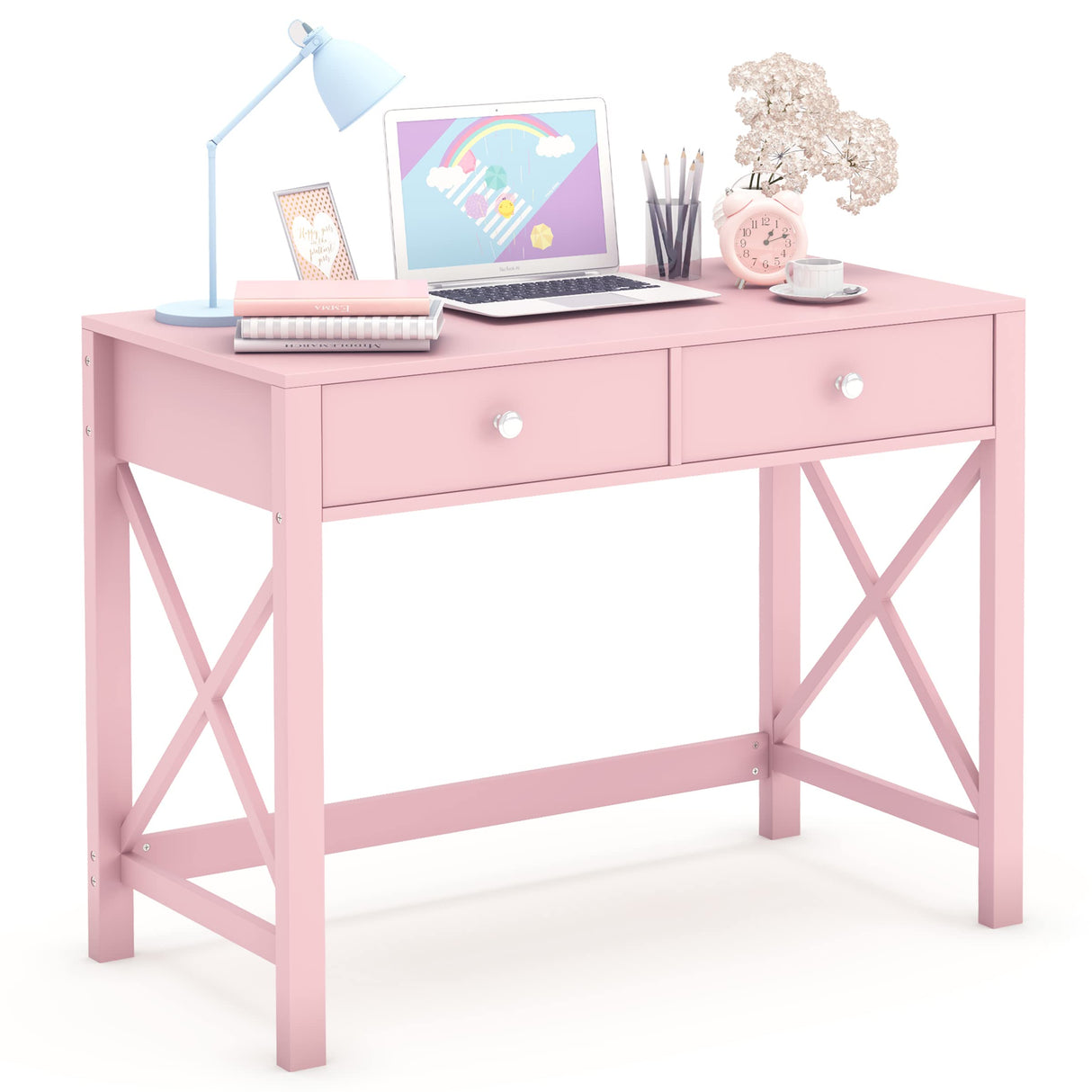 WiberWi Home Office Desk with Drawers, Modern Writing Computer Desk for Bedroom, Small Pink Makeup Vanity Table Desk for Girls, Study Table for Home Office WiberWi