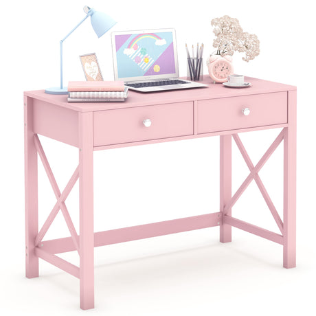 WiberWi Home Office Desk with Drawers, Modern Writing Computer Desk for Bedroom, Small Pink Makeup Vanity Table Desk for Girls, Study Table for Home Office WiberWi