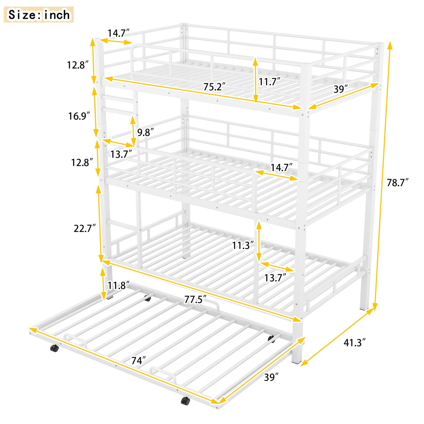 YOPTO Metal Twin Size Triple Bunk Bed with Trundle,Bedroom Bed Frame w/Full-Length Guardrails and Ladders,Detachable Design,for Kids Boys Girls,White