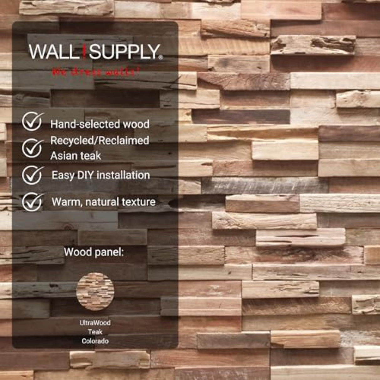 Wall!Supply - 3D Reclaimed Teak Wood Wall Panels - Colorado UltraWood Wall Covering for Feature Walls - Modern Wallpaper Alternative - Easy DIY Installation - 10-Pack Wall!Supply