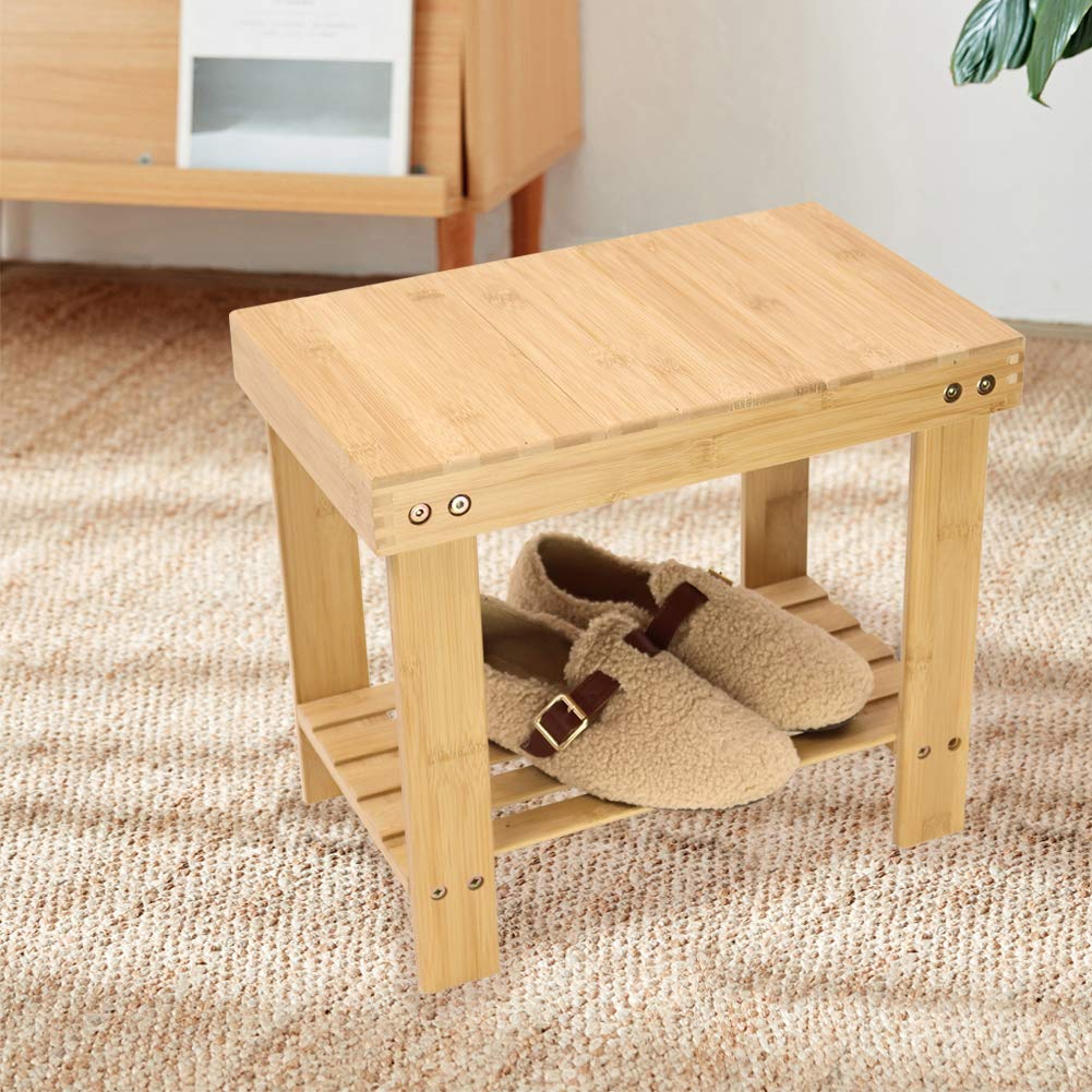 KKTONER Bamboo Step Stool with Storage Shower Bench with Shelf Foot Stool for Bathroom Living Room Bedroom Natural Color KKTONER