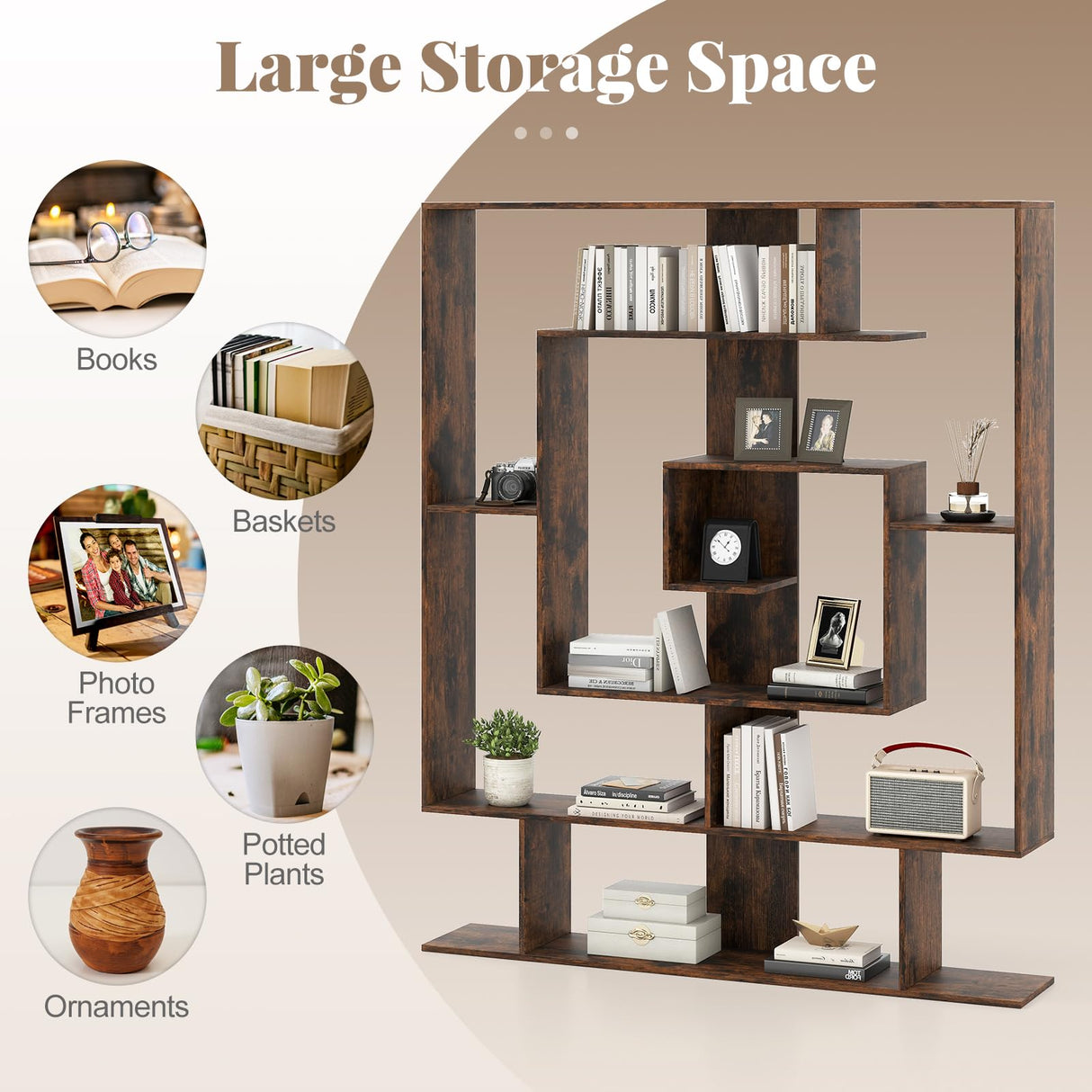 Tangkula Irregular Wooden Bookshelf, Geometric Bookcase w/Open Compartments & 2 Anti-Tip Kits, Decorative Freestanding Display Shelf, Modern Storage Organizer for Living Room, Office (Rustic Brown) Tangkula