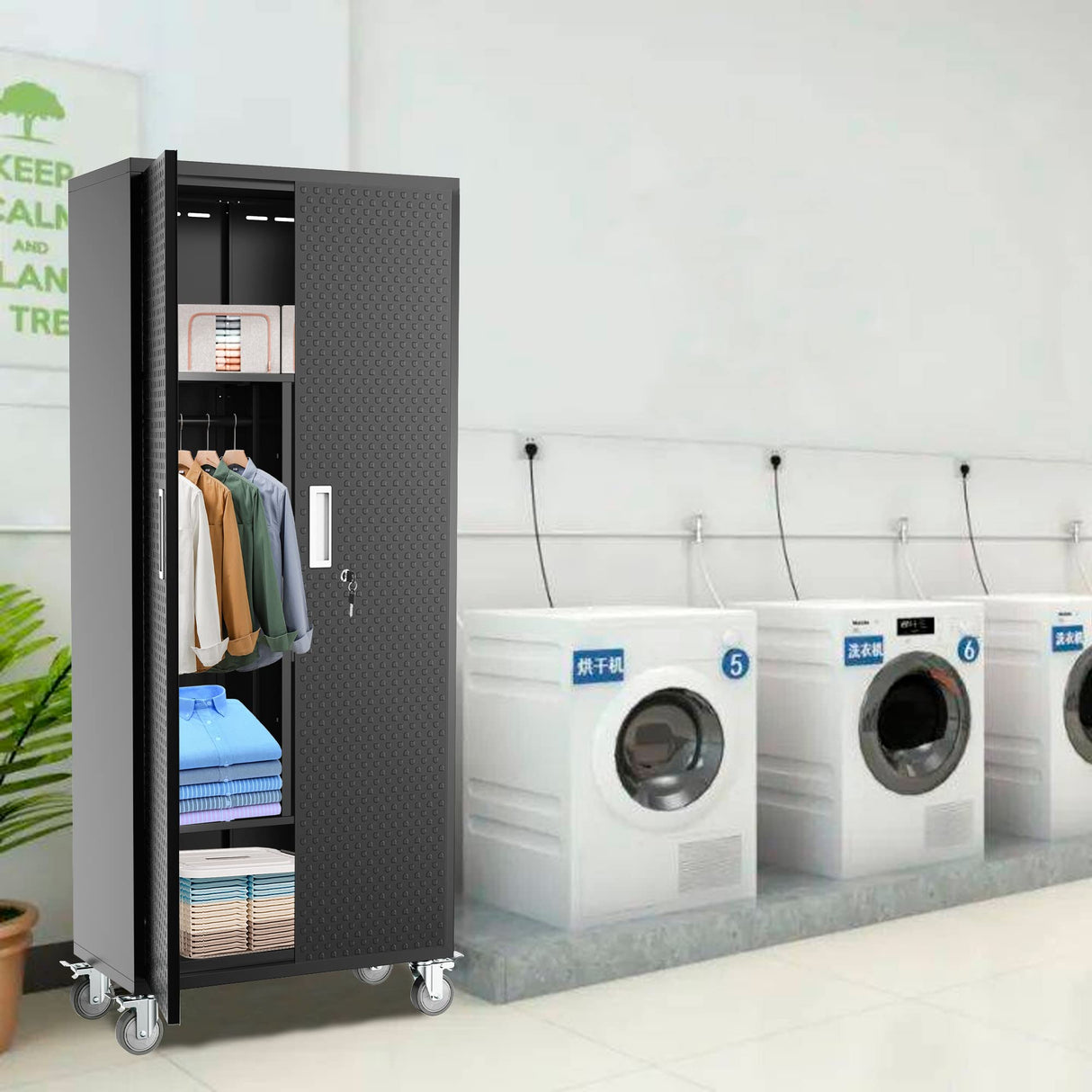 Metal Storage Cabinets Locker for Home Office, 72" Garage Storage Cabinet with Wheels, Lockable Doors and Shelves, Steel Wardrobe Cabinet with kingwolfox