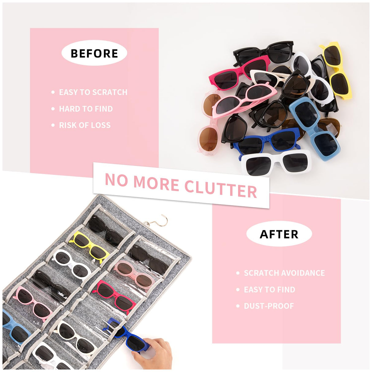 KGMCARE Dual Sided Sunglasses Storage organizer case, Eyeglasses Holder Wall Mounted with 32 Clear Slots & Metal Hook, Dust Proof Sunglasses Storage Case KGMCARE