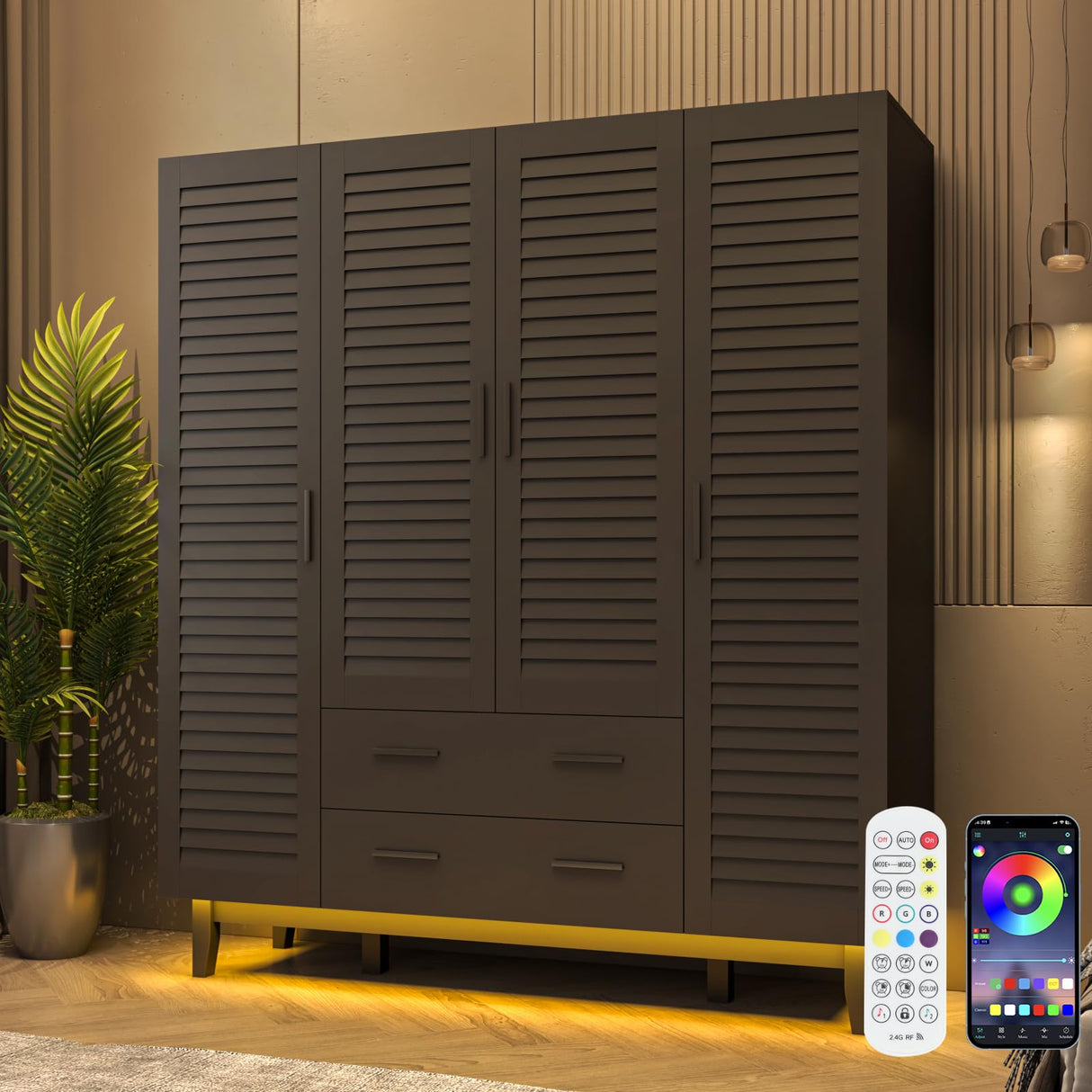 jiteentarou 4 Door Armoire Wardrobe Closet Cabinet with Drawers and LED Lights, Multi-Tier Shelves, Hanging Rod & Louver Doors, Large Capacity Storage Wardrobe Armoire for Bedroom(4 Doors Black) jiteentarou