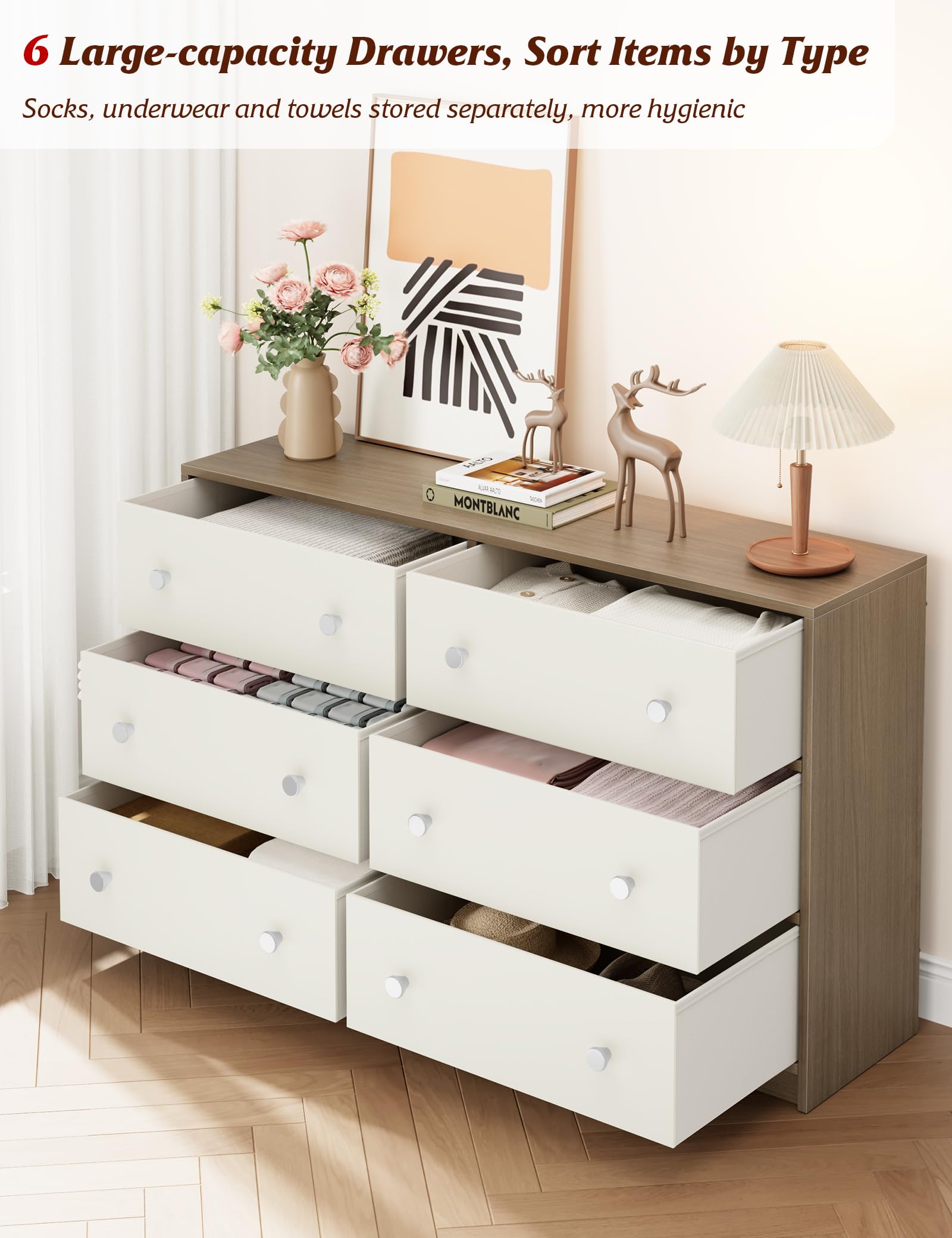 Nicehill 6 Drawers Dresser for Bedroom, Fabric Storage Tower,Dresser & Chest of Drawers Organizer,Storage Cabinet,Hallway, Closets, Living Room,Wooden Dresser（Light Wood Grain and White） - WoodArtSupply