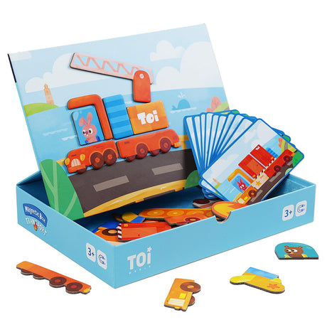 Toi Kids Magnet Toys Magnetic Jigsaw Puzzle Boxes with Game Board for Kids Ages 3-8, Preschool Tabletop Toy for Toddlers, Portable Travel Game, Vehicle Toi
