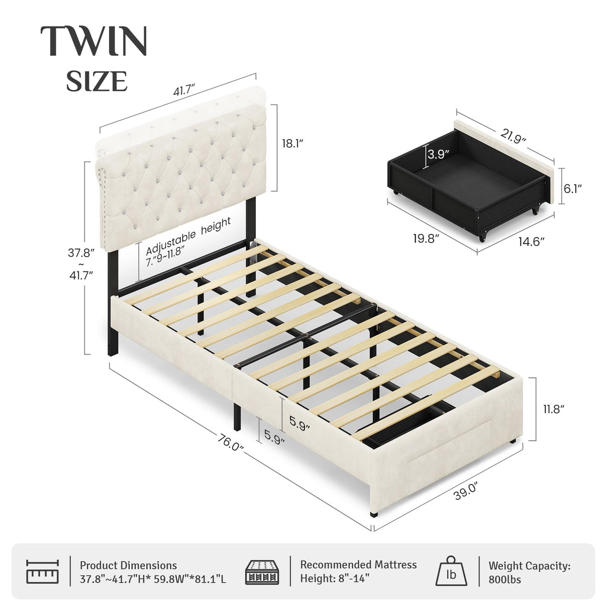 Belffin Twin Size Bed Frame with 1 Storage Drawer, Upholstered Bed Frame with Adjustable Diamond Headboard, Velvet Modern Platform Bed Frame, No Box Spring Needed, Easy to Assemble, Beige Belffin