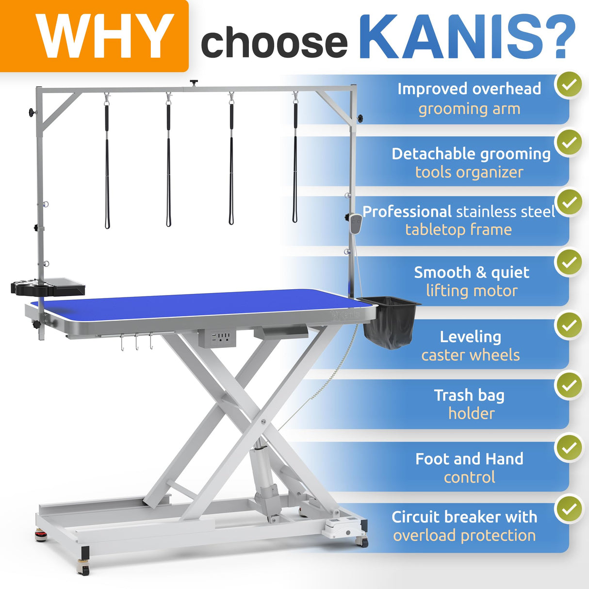 Professional Electric Dog Grooming Table - Heavy Duty, Height Adjustable Pet Grooming Table w/Leveling Wheels, Dog Grooming Arm, Anti Slip Tabletop & Tool Organizer/Dog Grooming Station (49", WHITE) KANIS