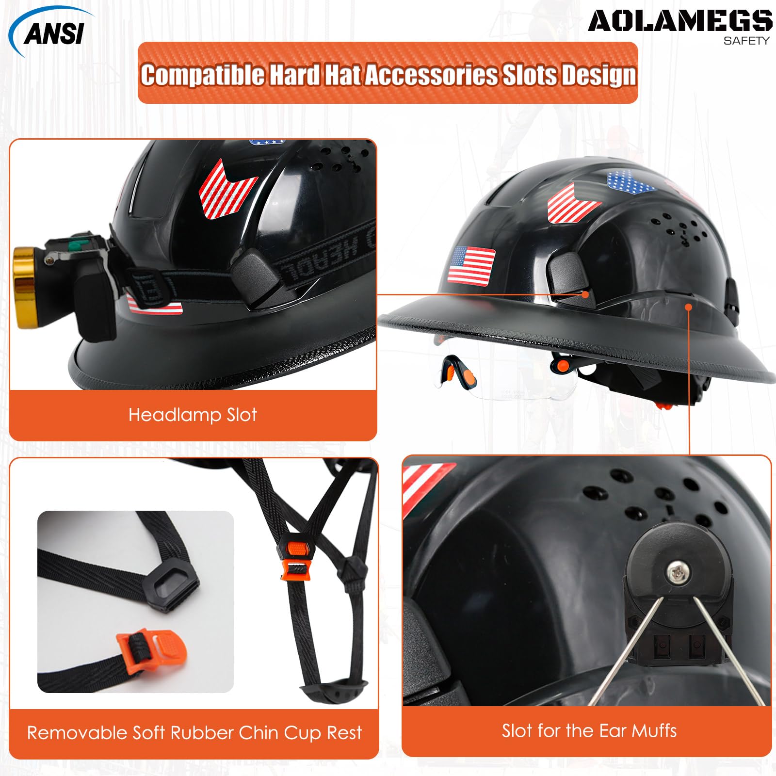 Aolamegs Safe Full Brim Hard Hats Construction OSHA Approved With Clear Visor - ANSI Z89.1 Vented Black Hard Hat With Chin Strap Reflective Cascos De Construccion Safety Helmet for Men 6-Pt S - WoodArtSupply