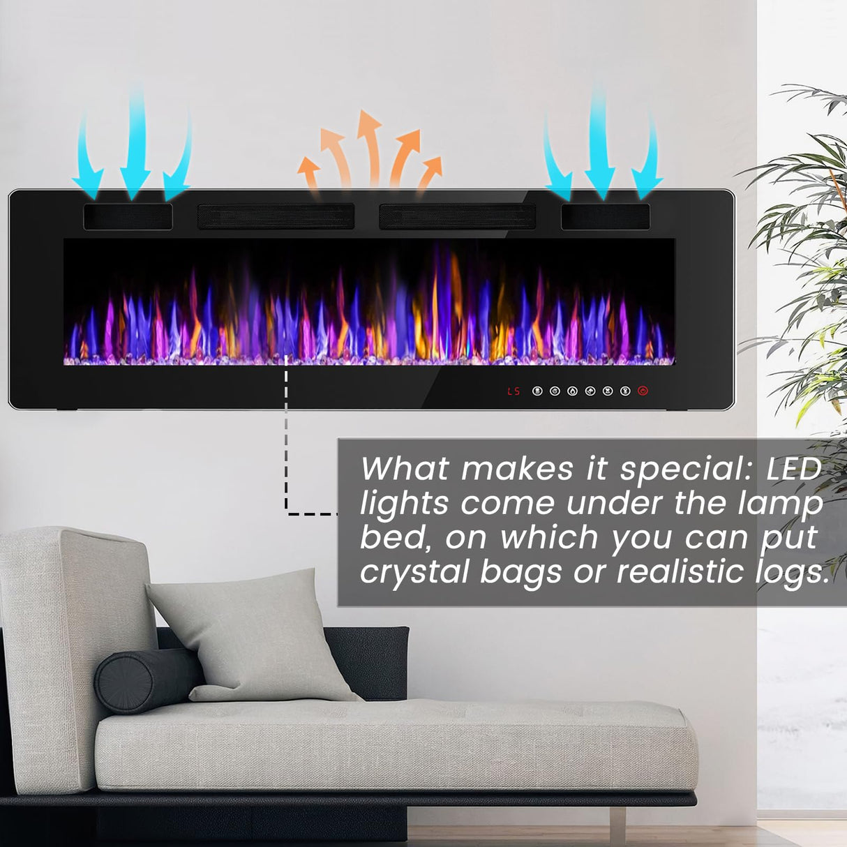 BOSSIN 72" Electric Fireplace Wall Mounted and Recessed with Remote Control, Low Noise, 750/1500W Ultra-Thin Wall Fireplace Heater and Timer Adjustable Flame Color and Brightness with Crystal BOSSIN