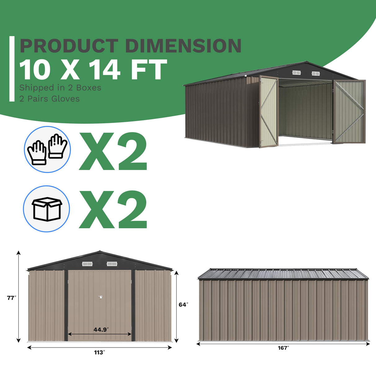 Patiowell 10x14 FT Outdoor Storage Shed, Large Metal Garden Shed with Lockable Door and Sloping Roof, Outside Steel Utility Tool Sheds for Backyard Lawn Garden Patio, Brown Patiowell