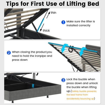 Queen Size Lifting Upholstered Bed Frame with Adjustable Headboard, Storage Space & LED Lighting - WoodArtSupply