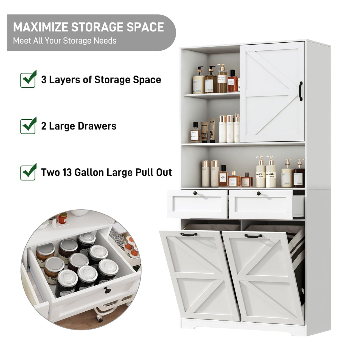 78" Tall Tilt-Out Double Doors Laundry Cabinet Hamper w Hidden Laundry Hamper,Large Pull Out Laundry Room Storage Cabinets,Kitchen Double Tilt Out Trash Cabinet,13X2 Gallon Bathroom Organizers(White) jiteentarou