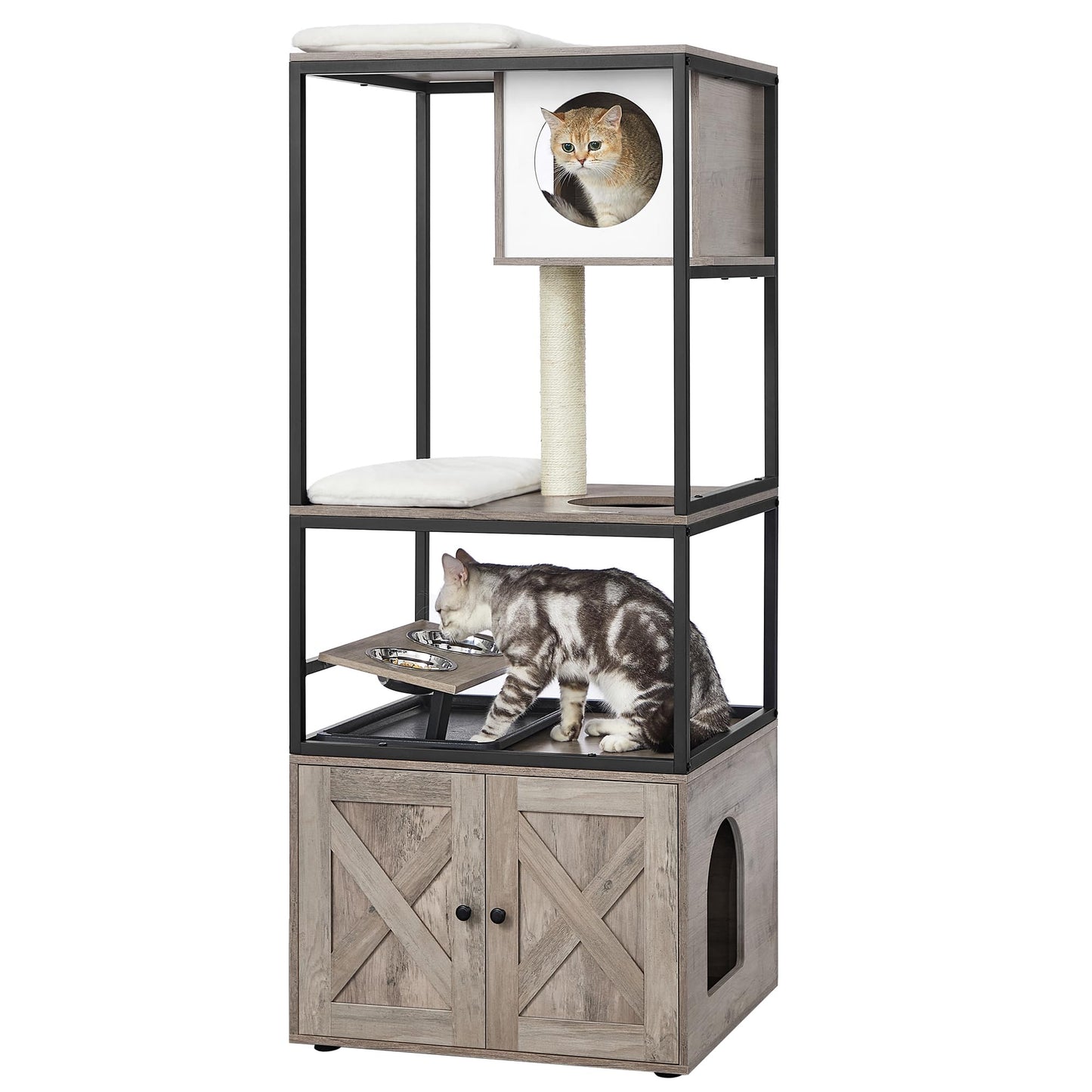 Feandrea Cat Tree, Modern Cat Tower, 57.5 Inches Tall Cat Condo with Litter Box Enclosure, Elevated Bowl Stand, Scratching Post, Washable Cushions, Greige UPCT312G01V1