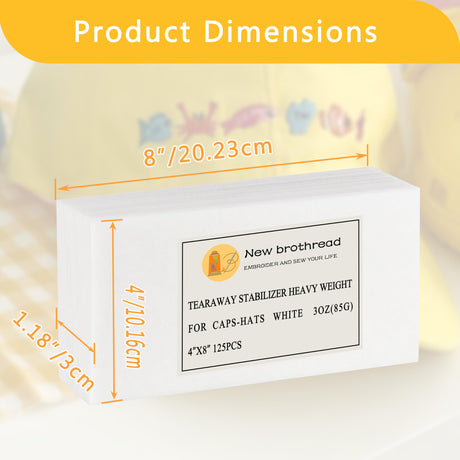 New brothread Tearaway Embroidery Stabilizer Backing for Caps and Hats - 4" x 8" 125 Precut Sheets - Heavy Weight 3oz New brothread