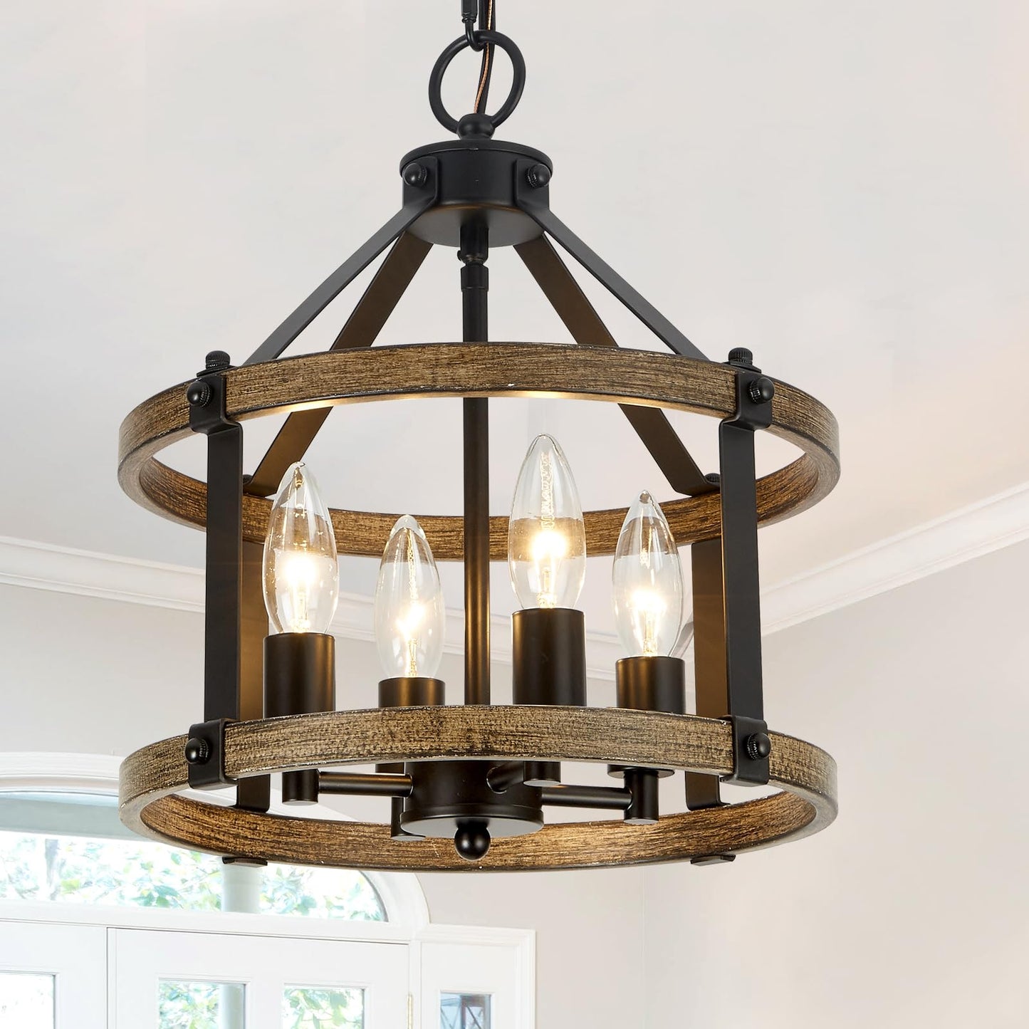 12.5" Farmhouse Chandelier Light Fixtures, 4 Light Rustic Drum Lighting Chandelier, Black and Vintage Wood-Look Finish Hanging Light Fixtures for Dining Room Kitchen Hallway Entryway Bedroom - WoodArtSupply