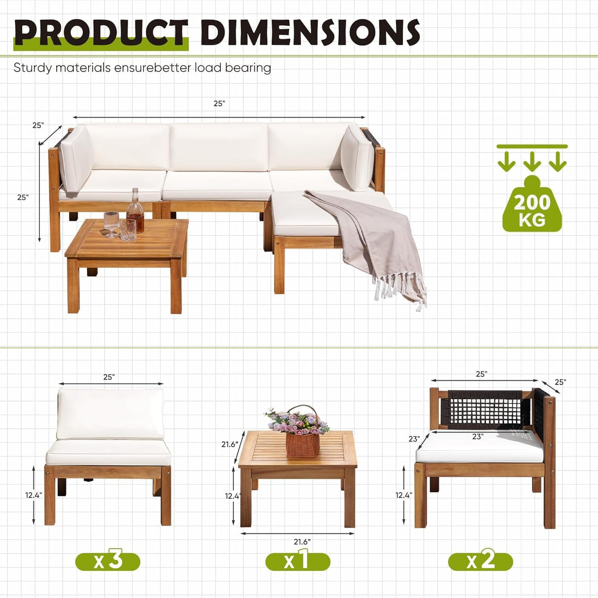 Greesum 5 Pieces Small Patio Sofa, Acacia Wood Outdoor Conversation Sets with Tea Table for Garden Porch and Backyard, Beige Greesum