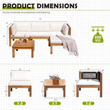 Greesum 5 Pieces Small Patio Sofa, Acacia Wood Outdoor Conversation Sets with Tea Table for Garden Porch and Backyard, Beige Greesum